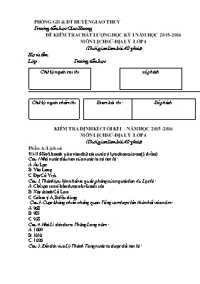Đề kiểm tra chất lượng học kỳ I môn Lịch sử & Địa lý Lớp 4 - Năm học 2015-2016 - Trường TH Giao Hương (Có đáp án)
